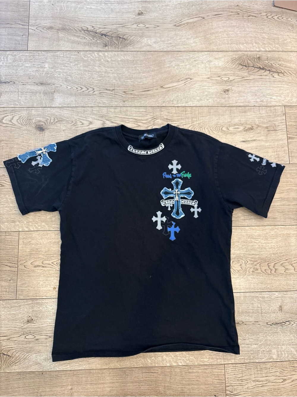 Chrome Hearts Black Short Sleeve Tee with Blue & White Cross Graphics